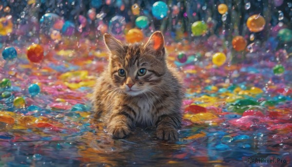 looking at viewer, blue eyes, water, no humans, animal, cat, reflection, bubble, water drop, realistic, animal focus