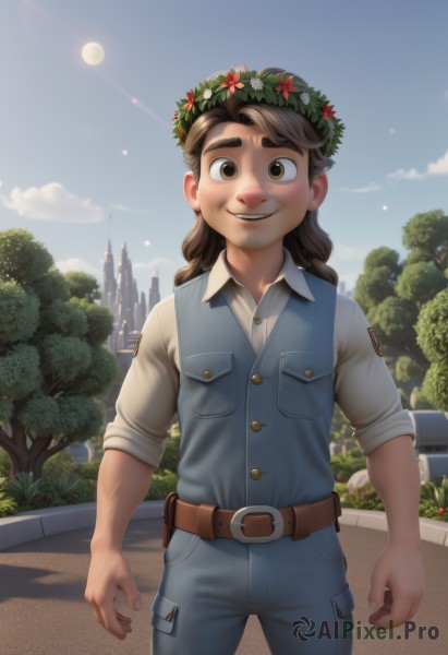 1girl,solo,long hair,looking at viewer,smile,open mouth,brown hair,shirt,1boy,brown eyes,standing,white shirt,flower,cowboy shot,outdoors,parted lips,sky,teeth,day,collared shirt,belt,pants,cloud,tree,blue sky,buttons,moon,thick eyebrows,denim,building,child,sleeves rolled up,freckles,pocket,brown belt,overalls,breast pocket,head wreath,blue overalls,male focus,vest,night,star (sky),night sky,pouch,city,cityscape,dirty,skyscraper,flower wreath