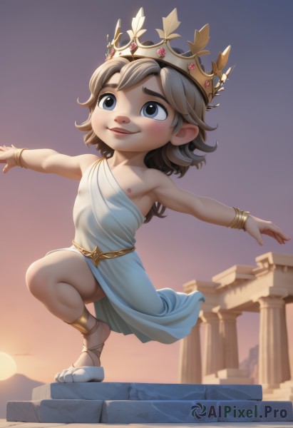 1girl,solo,long hair,smile,short hair,blue eyes,blonde hair,brown hair,1boy,dress,bare shoulders,jewelry,nipples,standing,full body,outdoors,parted lips,sky,medium hair,white dress,flat chest,bracelet,lips,loli,sandals,standing on one leg,outstretched arms,crown,backlighting,sunset,spread arms,pillar,column,balancing,greek clothes,blush,open mouth,male focus,teeth,pointy ears,child,crossdressing,male child,genderswap (ftm)