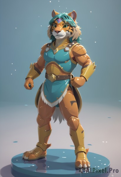 solo,smile,short hair,1boy,animal ears,jewelry,green eyes,standing,tail,full body,male focus,multicolored hair,green hair,teeth,belt,artist name,medium hair,armor,gradient,gradient background,muscular,blue background,thick eyebrows,pectorals,muscular male,gem,clenched hand,furry,clenched hands,furry male,tiger ears,tiger tail,forehead jewel,animal nose,two-tone fur,tiger boy,orange fur,looking at viewer,simple background,closed mouth,boots,signature,hand on hip,watermark,shoulder armor,gauntlets,pelvic curtain,circlet,breastplate,vambraces,armored boots,bracer,body fur,loincloth,brown fur,tiger girl,shin guards,leg armor