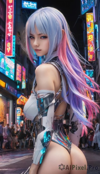 1girl,long hair,breasts,looking at viewer,bangs,blue eyes,large breasts,gloves,bare shoulders,medium breasts,closed mouth,blue hair,standing,pink hair,ass,white hair,multicolored hair,cowboy shot,outdoors,detached sleeves,multiple boys,solo focus,elbow gloves,looking back,from behind,two-tone hair,leotard,lips,gradient hair,makeup,night,highleg,lipstick,highleg leotard,science fiction,city,realistic,cyborg,thong leotard,cyberpunk,neon lights,solo,multiple girls,artist name,grey eyes,road,street,crowd