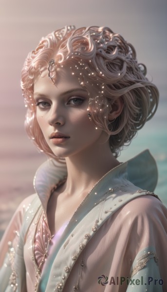 1girl,solo,looking at viewer,short hair,brown hair,jewelry,upper body,parted lips,artist name,necklace,blurry,lips,see-through,grey eyes,eyelashes,blurry background,gem,freckles,curly hair,circlet,realistic,nose,hair ornament,collarbone,watermark,web address,forehead jewel