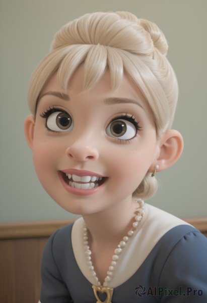 1girl,solo,looking at viewer,smile,open mouth,blonde hair,dress,brown eyes,jewelry,upper body,earrings,teeth,indoors,necklace,hair bun,grin,blurry,lips,eyelashes,blue dress,single hair bun,child,freckles,realistic,nose,female child,pearl necklace,bangs,:d,thick eyebrows