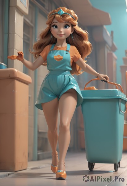 1girl,solo,long hair,breasts,looking at viewer,smile,blue eyes,brown hair,shirt,holding,jewelry,standing,full body,short sleeves,thighs,earrings,outdoors,shoes,shorts,day,artist name,blurry,bracelet,lips,blurry background,watermark,tiara,crown,building,walking,overalls,orange shirt,suitcase,orange footwear,overall shorts,closed mouth,short shorts,aged down,child,freckles,curly hair