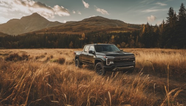 outdoors,sky,day,cloud,tree,blue sky,no humans,cloudy sky,grass,ground vehicle,nature,scenery,motor vehicle,forest,mountain,car,road,field,vehicle focus,mountainous horizon,sports car,landscape