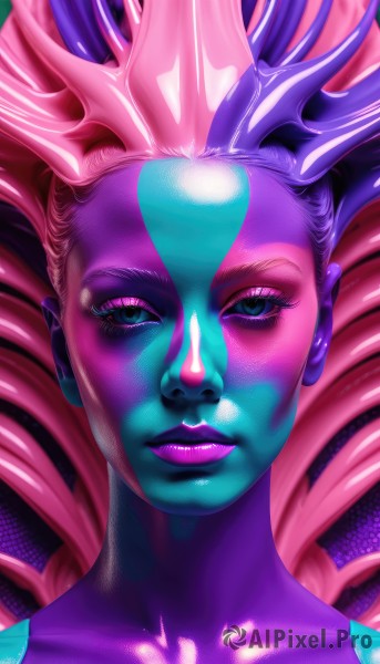 1girl,solo,long hair,looking at viewer,smile,blue eyes,closed mouth,collarbone,pink hair,multicolored hair,lips,eyelashes,makeup,colored skin,lipstick,portrait,eyeshadow,nose,blue skin,purple skin,purple lips,pink skin,blue hair,purple hair,artist name,signature,bodysuit,alien,mascara