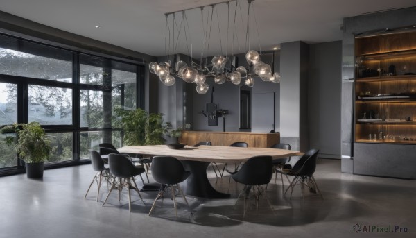 indoors,tree,cup,no humans,window,shadow,chair,table,plant,scenery,snow,reflection,wooden floor,potted plant,lamp,stool,shelf,ceiling,ceiling light,reflective floor,day,bird,bottle,cabinet