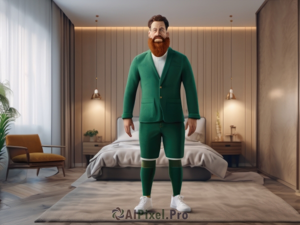 solo,looking at viewer,short hair,brown hair,shirt,long sleeves,1boy,closed mouth,standing,jacket,full body,white shirt,male focus,shoes,shorts,socks,indoors,pillow,bed,facial hair,chair,table,white footwear,plant,curtains,sneakers,beard,green jacket,realistic,mustache,arms at sides,potted plant,lamp,bedroom,green shorts,green pants,green socks,brown eyes,collared shirt,artist name,looking to the side,muscular,formal,blazer,wooden floor