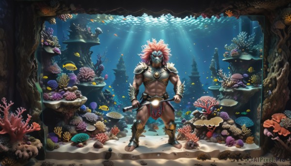 solo,1boy,navel,jewelry,full body,weapon,pink hair,male focus,thighs,red hair,barefoot,sword,dark skin,necklace,armor,muscular,facial hair,thick thighs,abs,dark-skinned male,pectorals,muscular male,spiked hair,bara,pelvic curtain,beard,fish,bubble,underwater,bracer,air bubble,shell,loincloth,starfish,jellyfish,turtle,coral,holding,ocean,knife,sand,trident,seashell,clownfish