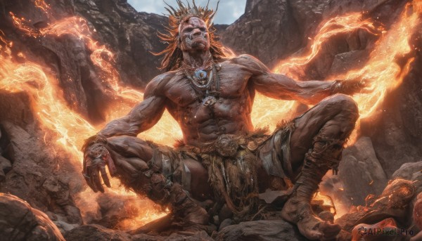 A male in a dynamic fiery outdoors