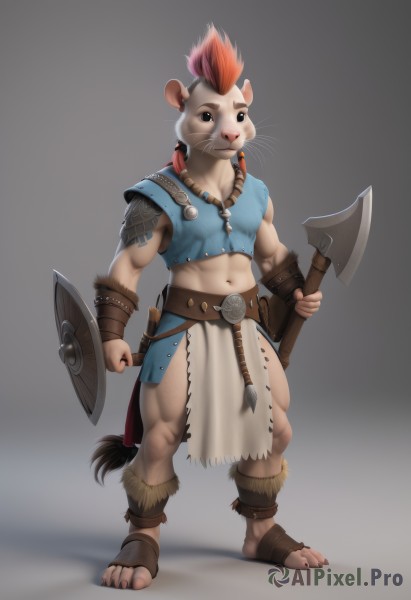 solo,looking at viewer,simple background,1boy,navel,holding,animal ears,standing,tail,full body,weapon,male focus,red hair,midriff,belt,grey background,holding weapon,black eyes,tattoo,muscular,abs,sandals,pelvic curtain,furry,toenails,shield,mouse ears,furry male,axe,mouse tail,fur,mouse,loincloth,toeless footwear,whiskers,holding shield,holding axe,jewelry,barefoot,necklace,knife,dagger,mohawk