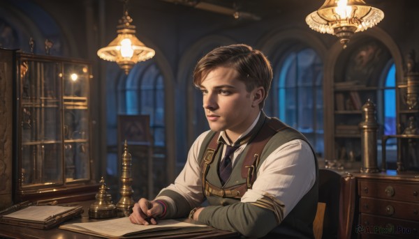 solo,looking at viewer,short hair,brown hair,shirt,long sleeves,1boy,brown eyes,sitting,closed mouth,white shirt,upper body,male focus,necktie,collared shirt,indoors,uniform,vest,book,window,night,facial hair,chair,table,black necktie,desk,paper,realistic,bookshelf,pen,lamp,candle,green vest,writing,quill,nib pen (object),candlelight,black hair,holding,blurry,lips,blurry background,brown vest