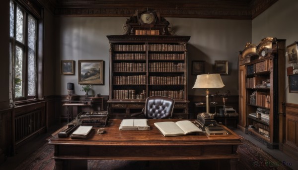 day,indoors,cup,book,no humans,window,chair,table,sunlight,plant,scenery,desk,wooden floor,paper,open book,clock,bookshelf,lamp,shelf,book stack,picture frame,painting (object),candlestand,globe,portrait (object),shadow