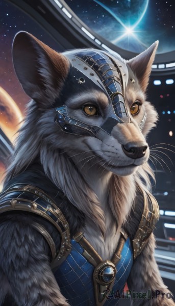 solo,looking at viewer,smile,brown eyes,jewelry,closed mouth,yellow eyes,upper body,male focus,sky,belt,artist name,signature,armor,no humans,animal,gem,star (sky),furry,starry sky,realistic,space,animal focus,planet,whiskers,animal ears,moon,helmet,sun,earth (planet)