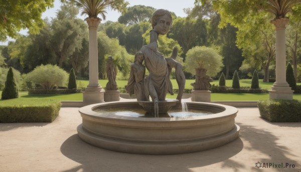 1girl,solo,looking at viewer,short hair,blonde hair,dress,outdoors,day,water,tree,shadow,grass,plant,scenery,bush,pillar,statue,fountain,1boy,sitting,male focus,sky,barefoot,cloud,blue sky,sunlight,nature,robe