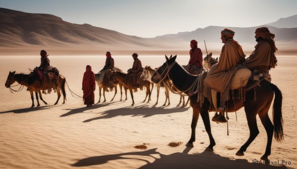 hat,holding,weapon,male focus,outdoors,multiple boys,sword,hood,cape,holding weapon,uniform,gun,military,shadow,animal,cloak,6+boys,sand,riding,multiple others,horse,ambiguous gender,soldier,desert,horseback riding,6+others,saddle,boots,sky,day,helmet,scenery,mountain,hooded cloak,mountainous horizon