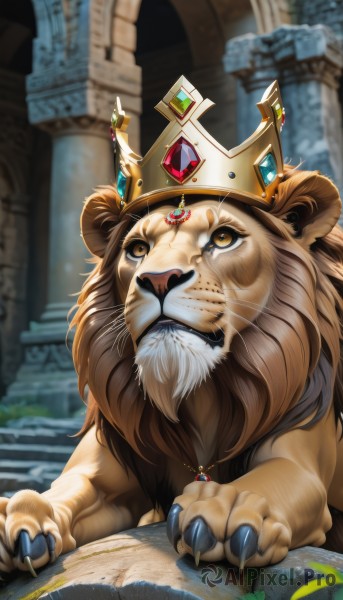 solo,brown eyes,jewelry,necklace,blurry,no humans,animal,crown,looking up,gem,claws,pendant,animal focus,whiskers,blue gemstone,red gemstone,lion,yellow eyes,teeth,artist name,book,facial hair,watermark,cat,web address,beard,stairs,open book,realistic