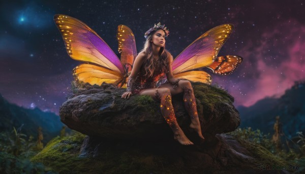 1girl,solo,long hair,breasts,brown hair,hair ornament,bare shoulders,jewelry,sitting,outdoors,wings,sky,barefoot,pointy ears,tree,night,star (sky),nature,night sky,starry sky,rock,fairy wings,fairy,butterfly wings,blonde hair,dress,flower,scenery,realistic