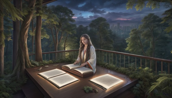 1girl,solo,long hair,brown hair,black hair,jewelry,sitting,closed eyes,outdoors,japanese clothes,sky,cloud,wide sleeves,tree,book,night,table,cloudy sky,plant,building,nature,scenery,forest,paper,city,railing,pen,cityscape,brown eyes,braid,necklace,open book