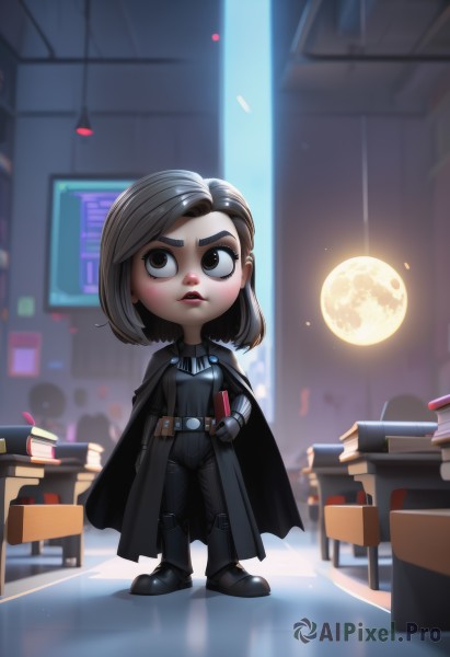 1girl,solo,short hair,brown hair,black hair,gloves,holding,brown eyes,standing,full body,boots,parted lips,solo focus,black gloves,belt,pants,indoors,medium hair,chibi,cape,black footwear,black eyes,lips,hand on hip,book,bodysuit,makeup,night,black pants,moon,thick eyebrows,lipstick,cloak,full moon,holding book,pouch,black cape,animification,belt pouch,superhero,book stack,library,looking up