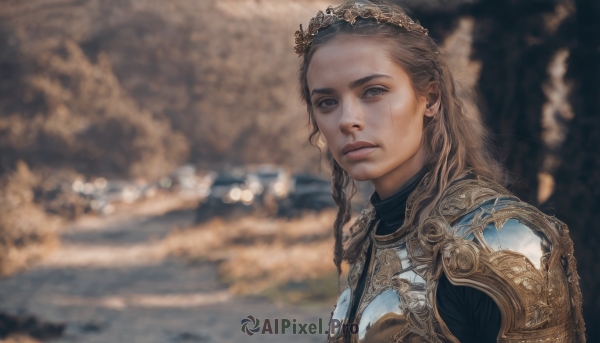 1girl,solo,long hair,looking at viewer,brown hair,brown eyes,closed mouth,upper body,braid,outdoors,armor,blurry,lips,grey eyes,depth of field,blurry background,scar,shoulder armor,portrait,scar on face,pauldrons,breastplate,realistic,scar across eye