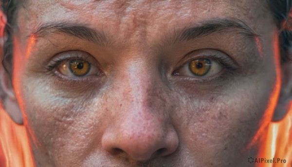 solo,looking at viewer,black hair,1boy,brown eyes,closed mouth,yellow eyes,male focus,orange eyes,thick eyebrows,fire,portrait,close-up,realistic,straight-on,eye focus,1girl,eyelashes,facial hair,freckles