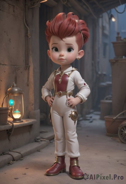 1girl,solo,looking at viewer,short hair,shirt,long sleeves,brown eyes,jewelry,closed mouth,standing,full body,red hair,earrings,boots,shoes,pants,indoors,blurry,black eyes,lips,blurry background,suspenders,red footwear,child,hands on hips,lantern,white pants,female child,barrel,belt,artist name,bodysuit,freckles,realistic,lamp,jumpsuit