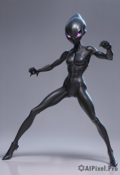 1girl,solo,breasts,looking at viewer,simple background,medium breasts,standing,purple eyes,full body,small breasts,shiny,pink eyes,grey background,covered nipples,bodysuit,covered navel,cameltoe,glowing,helmet,skin tight,science fiction,legs apart,shiny clothes,fighting stance,black bodysuit,latex,black skin,fewer digits,tokusatsu,high heels,muscular,clenched hand,glowing eyes,clenched hands,long legs,neon trim,latex bodysuit