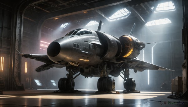 HQ,indoors,signature,military,no humans,window,sunlight,robot,mecha,machinery,reflection,flying,science fiction,light rays,realistic,aircraft,light,vehicle focus,spacecraft,ceiling,lights,weapon,gun,scenery,military vehicle,airplane,cockpit,roundel