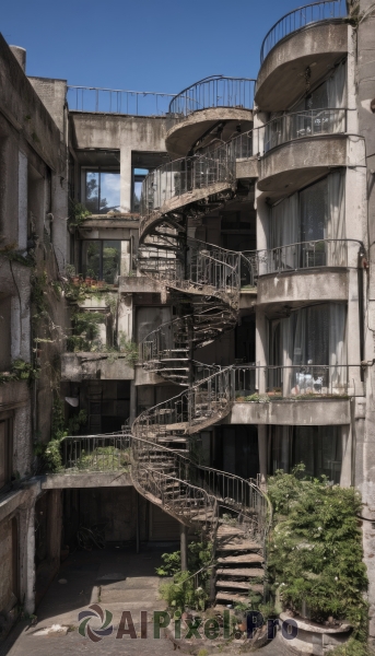 outdoors,sky,day,tree,blue sky,no humans,window,plant,building,scenery,stairs,city,railing,potted plant,road,ruins,vines,bridge,arch,overgrown,ground vehicle,cityscape,balcony,real world location