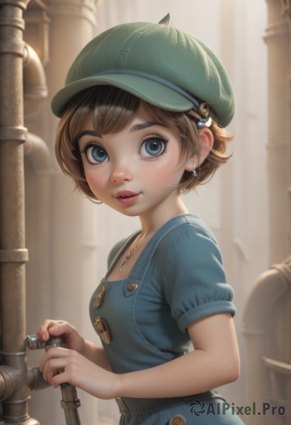 1girl,solo,breasts,looking at viewer,blush,smile,short hair,bangs,blue eyes,brown hair,shirt,hair ornament,hat,holding,jewelry,standing,upper body,short sleeves,earrings,small breasts,parted lips,hairclip,puffy sleeves,artist name,necklace,nail polish,blurry,from side,puffy short sleeves,lips,fingernails,eyelashes,buttons,depth of field,blurry background,pink nails,pendant,freckles,realistic,nose,green headwear,cabbie hat,overalls,pillar,industrial pipe,blue overalls,dress,teeth,makeup,watermark,web address