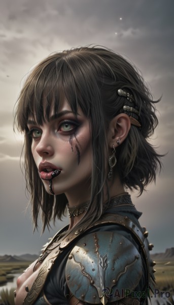 1girl,solo,breasts,looking at viewer,short hair,open mouth,bangs,brown hair,black hair,hair ornament,jewelry,medium breasts,nipples,green eyes,upper body,sidelocks,earrings,small breasts,outdoors,sky,teeth,choker,tongue,artist name,cloud,tongue out,medium hair,armor,blurry,from side,lips,eyelashes,tattoo,makeup,fangs,scar,facial mark,piercing,cloudy sky,sharp teeth,shoulder armor,ear piercing,freckles,realistic,nose,eyeliner,mascara,grey sky,tongue piercing,cleavage,parted lips,eyeshadow,pauldrons,nipple slip,nipple piercing,nose piercing,gorget,lip piercing,linked piercing