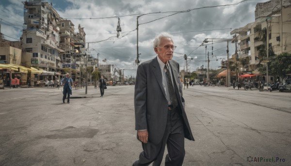 looking at viewer,short hair,shirt,long sleeves,1boy,standing,jacket,white shirt,white hair,male focus,outdoors,multiple boys,open clothes,necktie,sky,solo focus,day,collared shirt,belt,pants,cloud,uniform,coat,black jacket,facial hair,black pants,formal,cloudy sky,suit,ground vehicle,building,scenery,black necktie,motor vehicle,walking,6+boys,city,realistic,car,road,old,police,power lines,lamppost,old man,street,police uniform,black suit,people,closed mouth,tree,beard,bald,crowd,crosswalk