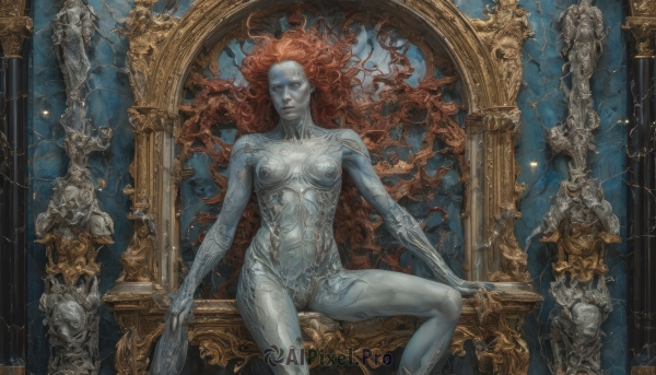 1girl,solo,long hair,breasts,looking at viewer,navel,medium breasts,sitting,very long hair,closed mouth,nipples,yellow eyes,nude,red hair,signature,spread legs,armor,completely nude,floating hair,colored skin,fantasy,blue skin,grey skin,pillar,statue,crack,cracked skin,column,weapon,lips,watermark,curly hair,realistic,throne