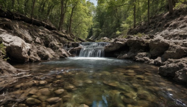 outdoors,sky,day,water,tree,no humans,sunlight,nature,scenery,forest,rock,river,waterfall,landscape,moss,stream,signature