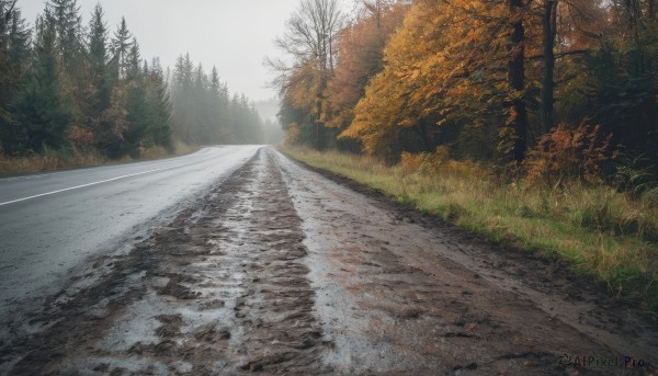 outdoors,sky,day,tree,no humans,leaf,grass,nature,scenery,forest,mountain,road,bush,autumn leaves,bare tree,autumn,landscape,path,cloud,cloudy sky,realistic