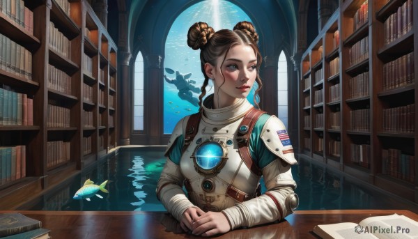 1girl,solo,long hair,breasts,blush,blue eyes,brown hair,long sleeves,brown eyes,sitting,upper body,braid,parted lips,indoors,water,hair bun,armor,lips,looking to the side,book,window,double bun,makeup,looking away,own hands together,lipstick,shoulder armor,freckles,reflection,fish,science fiction,light rays,breastplate,open book,nose,bookshelf,red lips,book stack,library,aquarium,hair ornament,jewelry,signature,table,sunlight,ring,eyeshadow,realistic,hair behind ear,jumpsuit,alien,spacecraft,spacesuit,whale