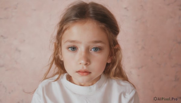 1girl,solo,long hair,looking at viewer,blue eyes,brown hair,shirt,closed mouth,white shirt,upper body,sweater,lips,expressionless,pink background,child,portrait,forehead,realistic,nose,female child,white sweater