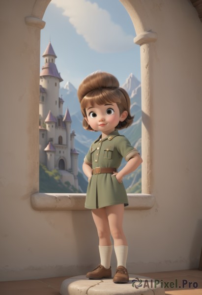 1girl,solo,looking at viewer,smile,short hair,brown hair,hat,dress,brown eyes,closed mouth,standing,full body,short sleeves,outdoors,sky,shoes,day,socks,belt,cloud,uniform,blue sky,lips,kneehighs,military,military uniform,brown footwear,white socks,child,hands on hips,mountain,green shirt,female child,brown belt,castle,tower,bangs,black eyes,green dress,nose