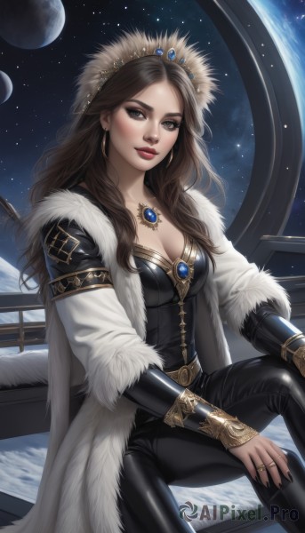 1girl,solo,long hair,breasts,looking at viewer,brown hair,cleavage,brown eyes,jewelry,medium breasts,sitting,closed mouth,earrings,sky,pants,signature,necklace,cape,nail polish,lips,coat,fur trim,window,bodysuit,makeup,black pants,moon,ring,tiara,crown,gem,star (sky),black nails,skin tight,starry sky,shiny clothes,realistic,nose,red lips,space,leather,planet,latex,leather pants,long sleeves,boots,night,diadem