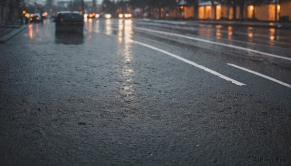 outdoors,blurry,no humans,night,depth of field,ground vehicle,building,scenery,motor vehicle,reflection,city,sign,car,road,lamppost,street,crosswalk,real world location,blurry background,rain,light,dark,bokeh,lights