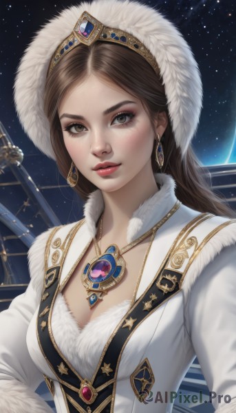 1girl,solo,long hair,breasts,looking at viewer,smile,brown hair,hat,cleavage,brown eyes,jewelry,medium breasts,upper body,earrings,parted lips,sky,necklace,lips,coat,fur trim,eyelashes,makeup,night,white headwear,gem,star (sky),night sky,pendant,eyeshadow,starry sky,freckles,realistic,nose,white coat,red lips,space,fur hat,blue gemstone,bangs,long sleeves,dress,white dress,hand on hip,parted bangs,tiara,lipstick