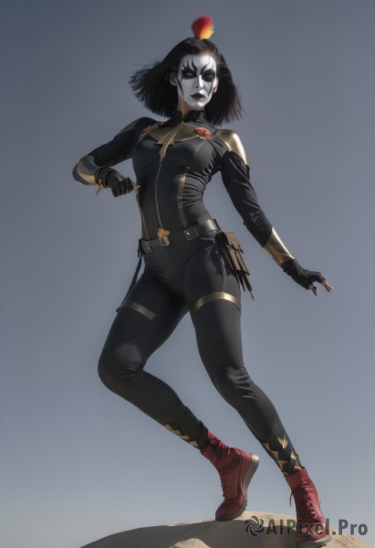 1girl,solo,breasts,looking at viewer,short hair,simple background,black hair,gloves,medium breasts,standing,full body,boots,black gloves,belt,fingerless gloves,medium hair,grey background,black eyes,lips,bodysuit,makeup,mask,lipstick,red footwear,pouch,black bodysuit,facepaint,belt pouch,dreadlocks,black lips,red eyes,shoes,teeth,fire,sneakers,pale skin,clenched hands,red lips