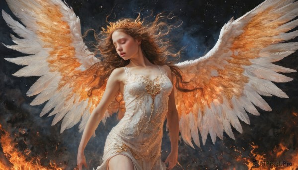 1girl,solo,long hair,breasts,brown hair,dress,bare shoulders,medium breasts,collarbone,closed eyes,cowboy shot,wings,sky,white dress,lips,strapless,floating hair,wavy hair,fire,star (sky),strapless dress,feathered wings,angel wings,realistic,arms at sides,angel,sleeveless