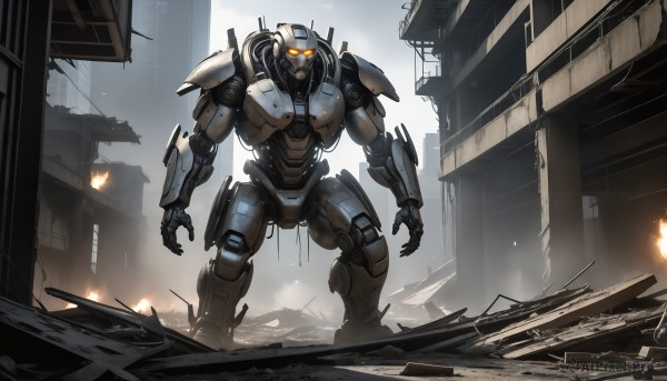 HQ,solo,standing,outdoors,armor,military,no humans,glowing,fire,robot,building,mecha,glowing eyes,smoke,science fiction,city,realistic,military vehicle,ruins,damaged,open hands,power armor,debris,destruction,signature,orange eyes,rain,battle,explosion,sparks,super robot,kaijuu