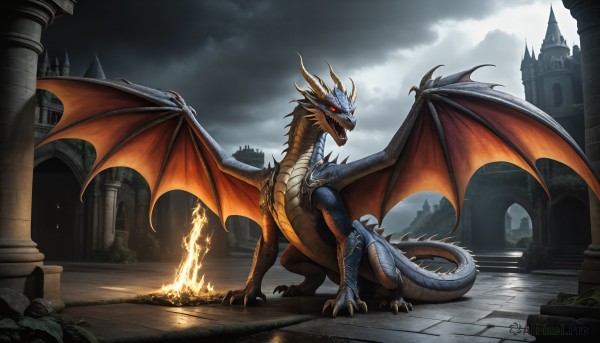 HQ,solo,red eyes,standing,tail,outdoors,wings,horns,sky,cloud,no humans,glowing,cloudy sky,fire,glowing eyes,claws,dragon horns,monster,fantasy,dragon,dragon tail,scales,ruins,pillar,castle,flame,dragon wings,breathing fire,open mouth,teeth,sharp teeth,scenery,spikes,stone floor