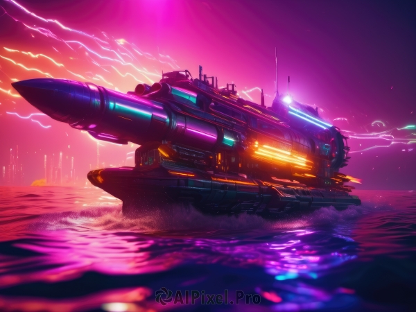 outdoors,sky,cloud,water,no humans,glowing,ocean,scenery,science fiction,aircraft,military vehicle,electricity,watercraft,vehicle focus,ship,lightning,spacecraft,lights,signature,building,star (sky),flying,city,realistic,space,energy,radio antenna