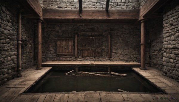 monochrome,indoors,no humans,window,scenery,wooden floor,stairs,fantasy,door,wall,brick wall,pillar,arch,stone floor,stone wall,outdoors,building,architecture,ruins,column,wood,brick,brick floor