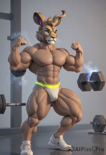 solo,looking at viewer,smile,blue eyes,1boy,navel,animal ears,underwear,nipples,standing,full body,male focus,thighs,shoes,artist name,stomach,rabbit ears,muscular,facial hair,thick thighs,abs,underwear only,thick eyebrows,pectorals,muscular male,sneakers,bara,beard,furry,clenched hands,large pectorals,bulge,topless male,mature male,furry male,manly,male underwear,biceps,whiskers,brown fur,exercise,briefs,thick arms,flexing,gym,dumbbell,weightlifting,one eye closed