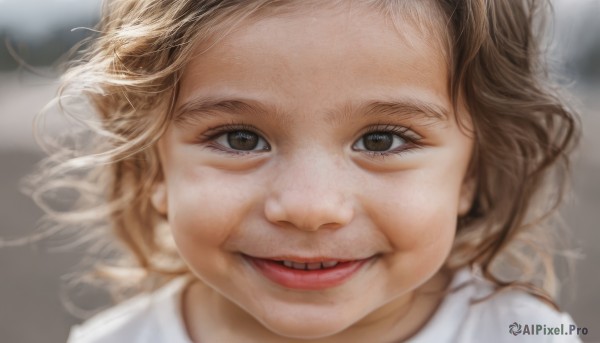 1girl,solo,looking at viewer,smile,open mouth,blonde hair,brown hair,shirt,brown eyes,white shirt,teeth,blurry,lips,depth of field,blurry background,portrait,close-up,forehead,realistic,long hair,:d,eyelashes,parody,nose